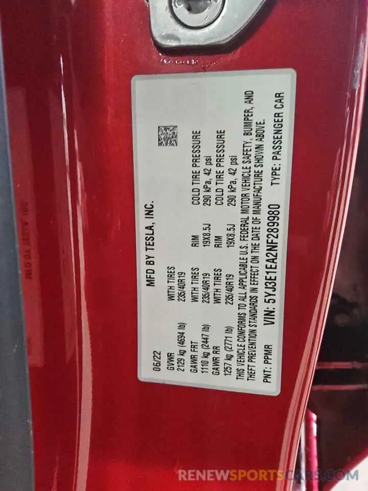 12 Photograph of a damaged car 5YJ3E1EA2NF289980 TESLA MODEL 3 2022