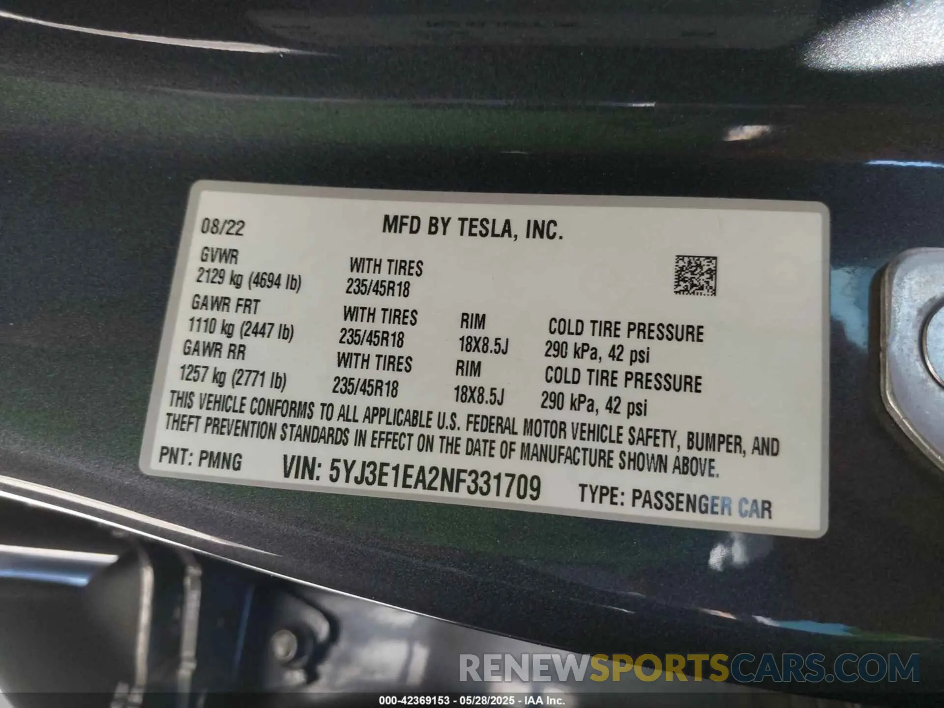 9 Photograph of a damaged car 5YJ3E1EA2NF331709 TESLA MODEL 3 2022