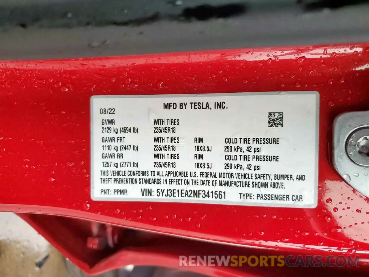 13 Photograph of a damaged car 5YJ3E1EA2NF341561 TESLA MODEL 3 2022