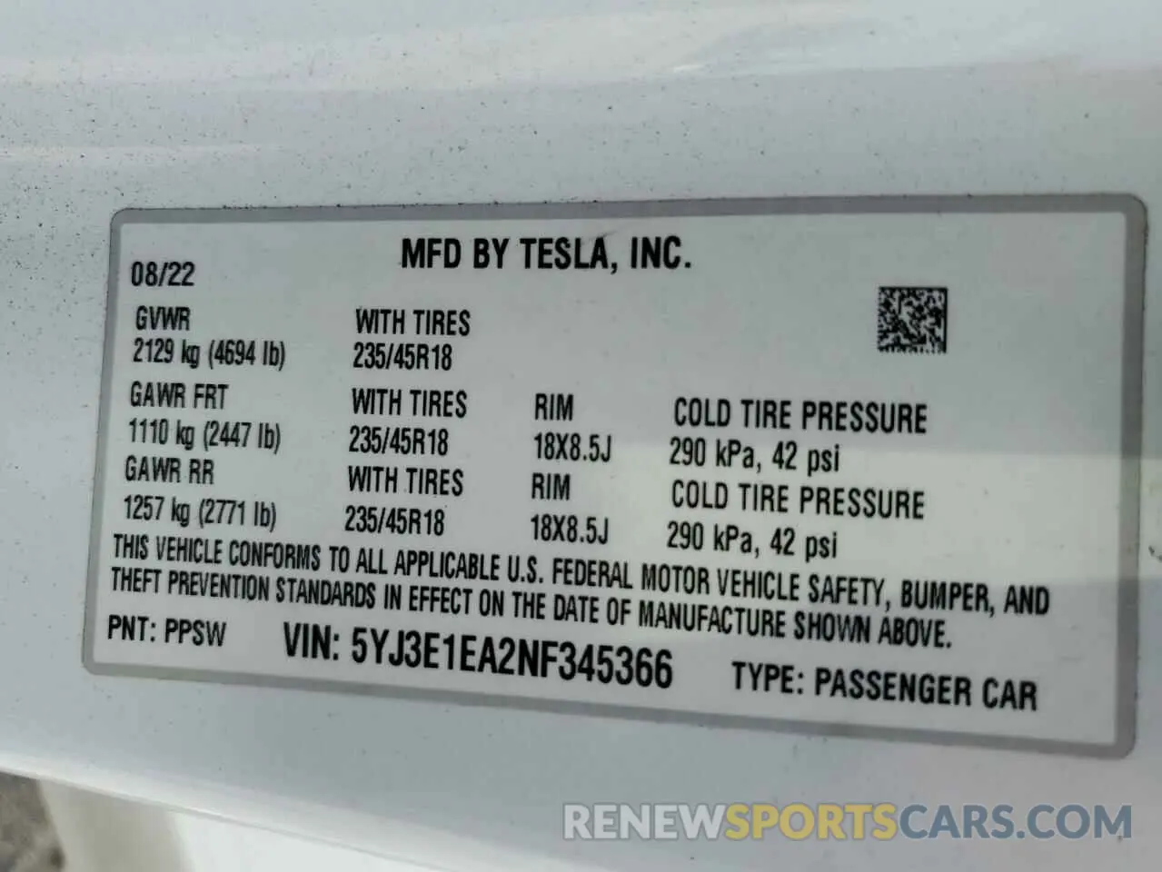 13 Photograph of a damaged car 5YJ3E1EA2NF345366 TESLA MODEL 3 2022