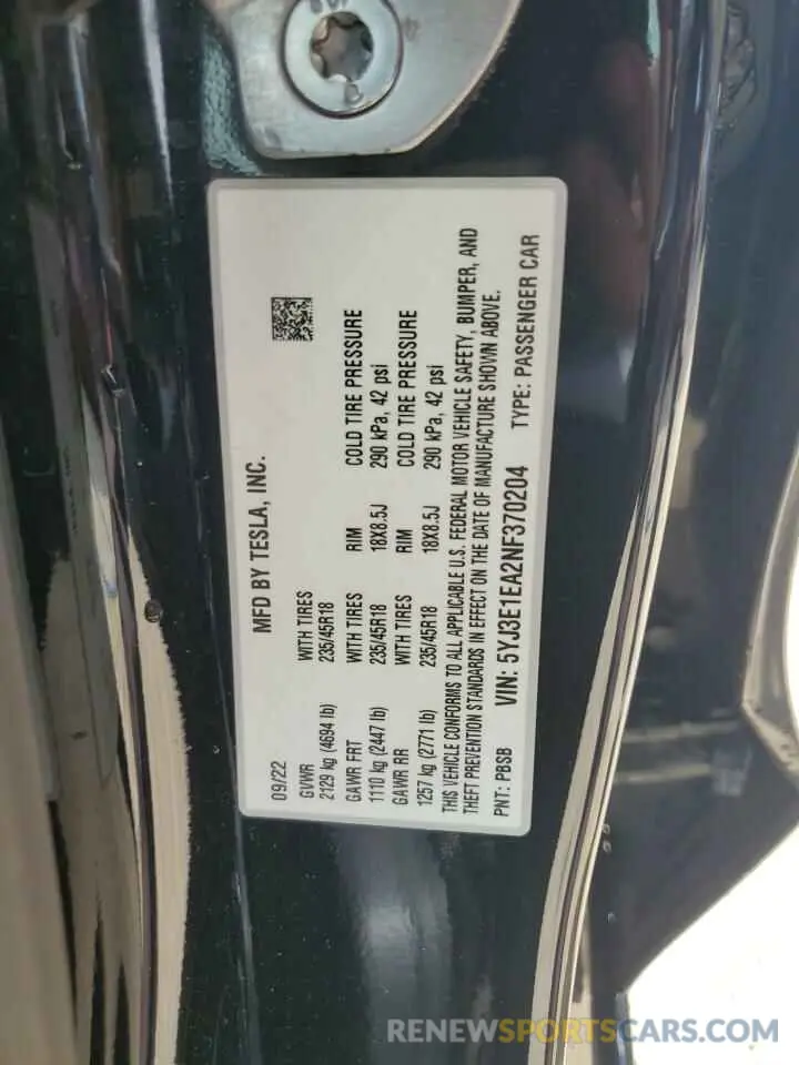 12 Photograph of a damaged car 5YJ3E1EA2NF370204 TESLA MODEL 3 2022