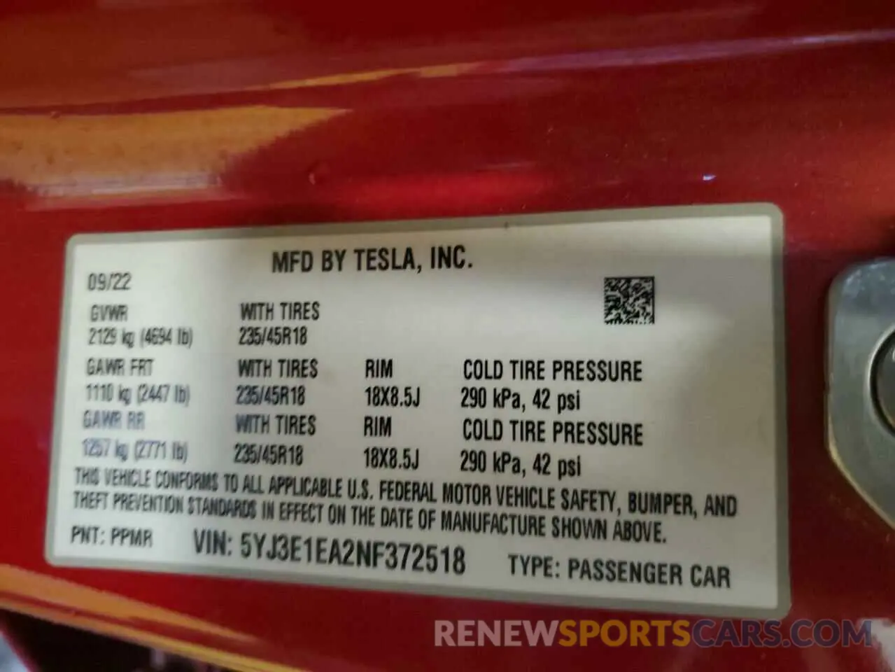 13 Photograph of a damaged car 5YJ3E1EA2NF372518 TESLA MODEL 3 2022