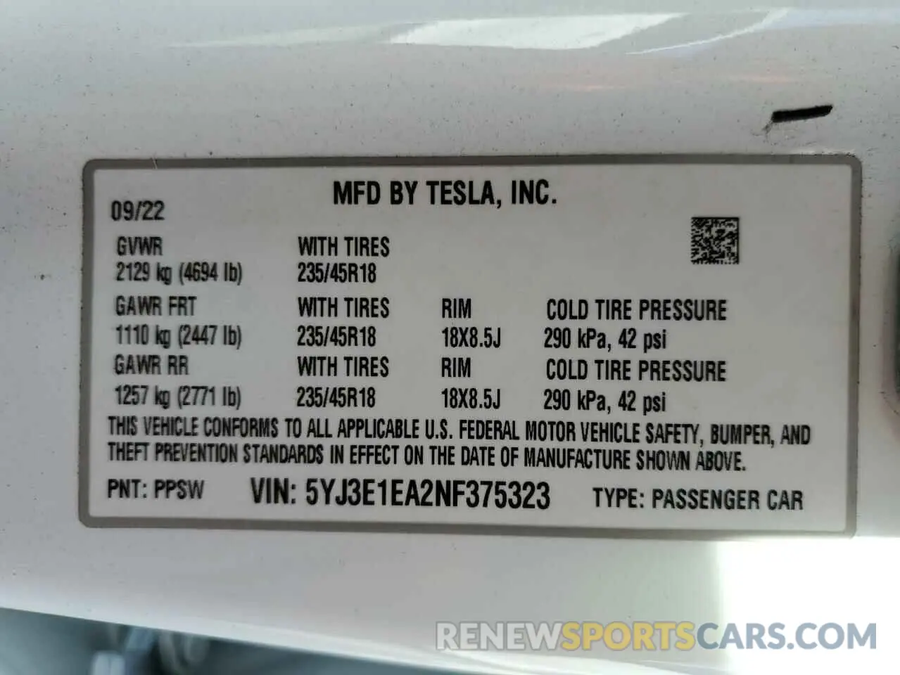 13 Photograph of a damaged car 5YJ3E1EA2NF375323 TESLA MODEL 3 2022