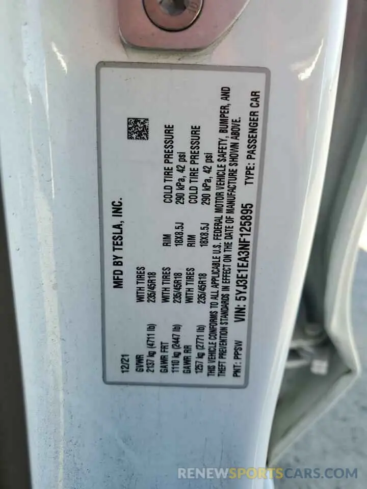 15 Photograph of a damaged car 5YJ3E1EA3NF125895 TESLA MODEL 3 2022