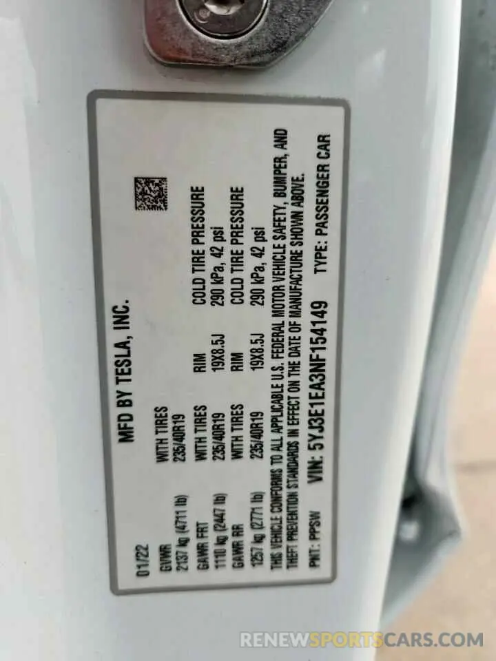 12 Photograph of a damaged car 5YJ3E1EA3NF154149 TESLA MODEL 3 2022