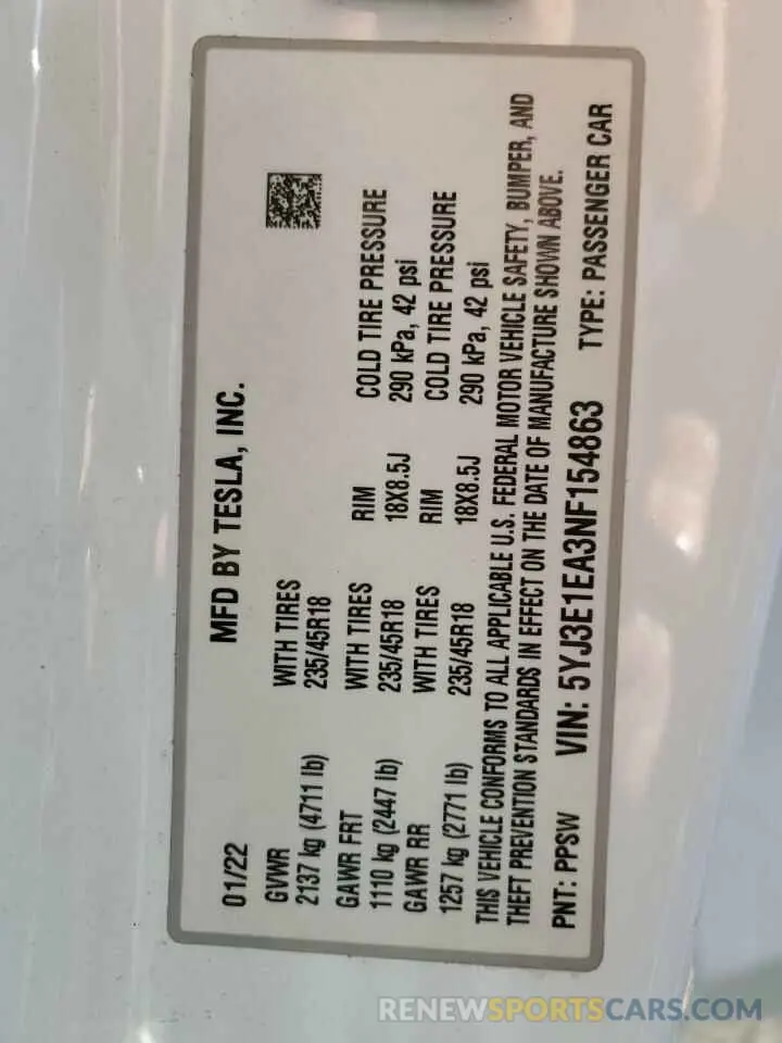 13 Photograph of a damaged car 5YJ3E1EA3NF154863 TESLA MODEL 3 2022