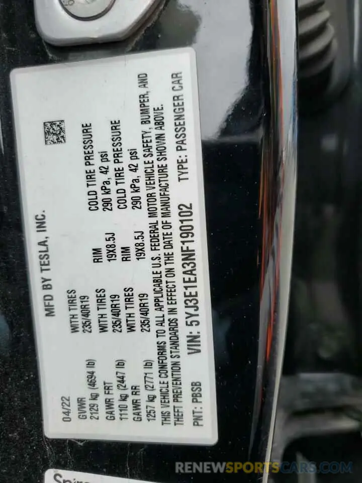 12 Photograph of a damaged car 5YJ3E1EA3NF190102 TESLA MODEL 3 2022