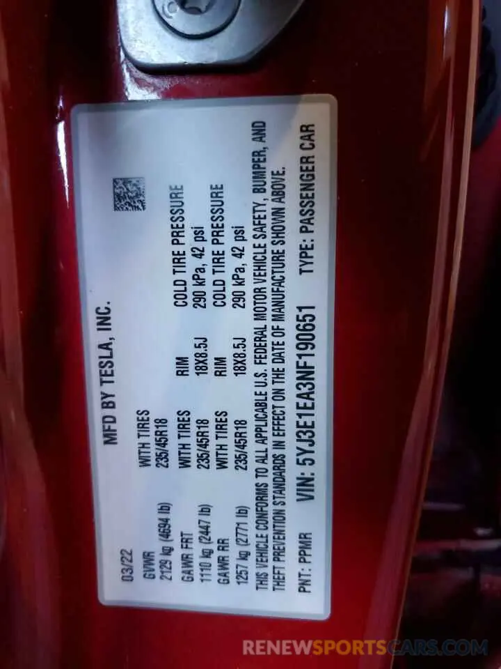 12 Photograph of a damaged car 5YJ3E1EA3NF190651 TESLA MODEL 3 2022