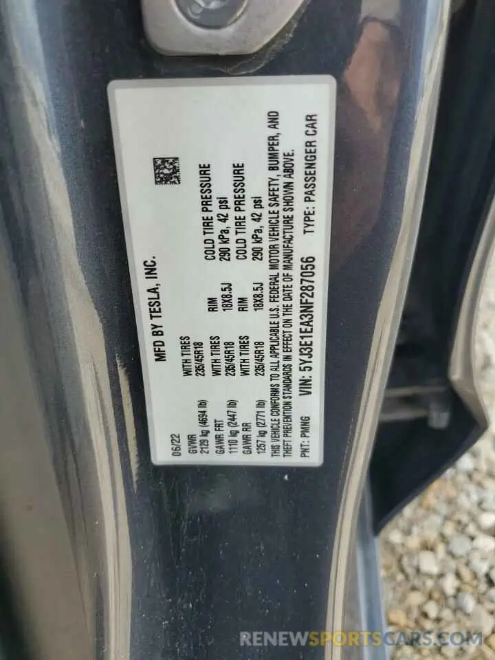 12 Photograph of a damaged car 5YJ3E1EA3NF287056 TESLA MODEL 3 2022