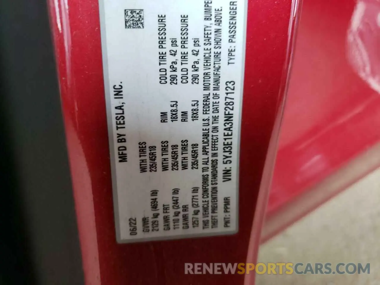 12 Photograph of a damaged car 5YJ3E1EA3NF287123 TESLA MODEL 3 2022