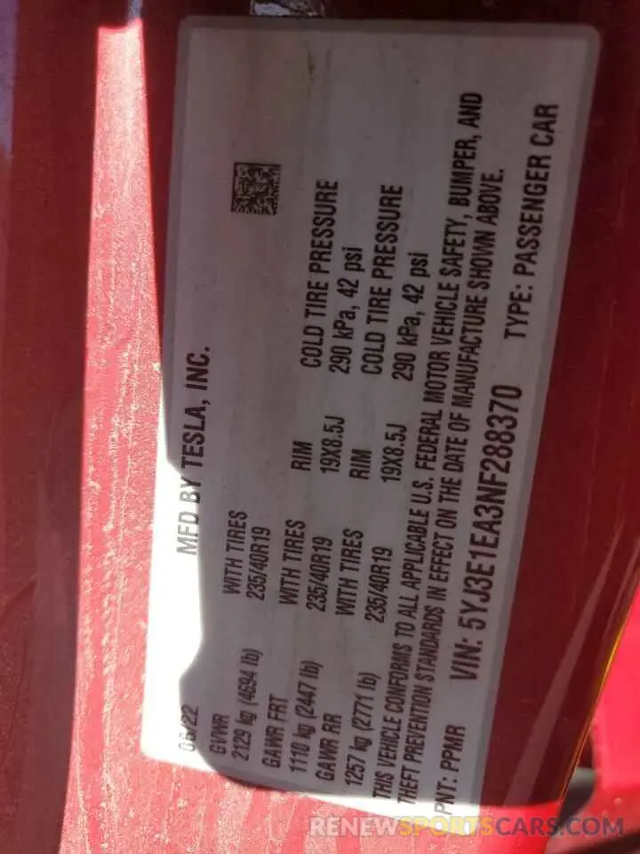 13 Photograph of a damaged car 5YJ3E1EA3NF288370 TESLA MODEL 3 2022