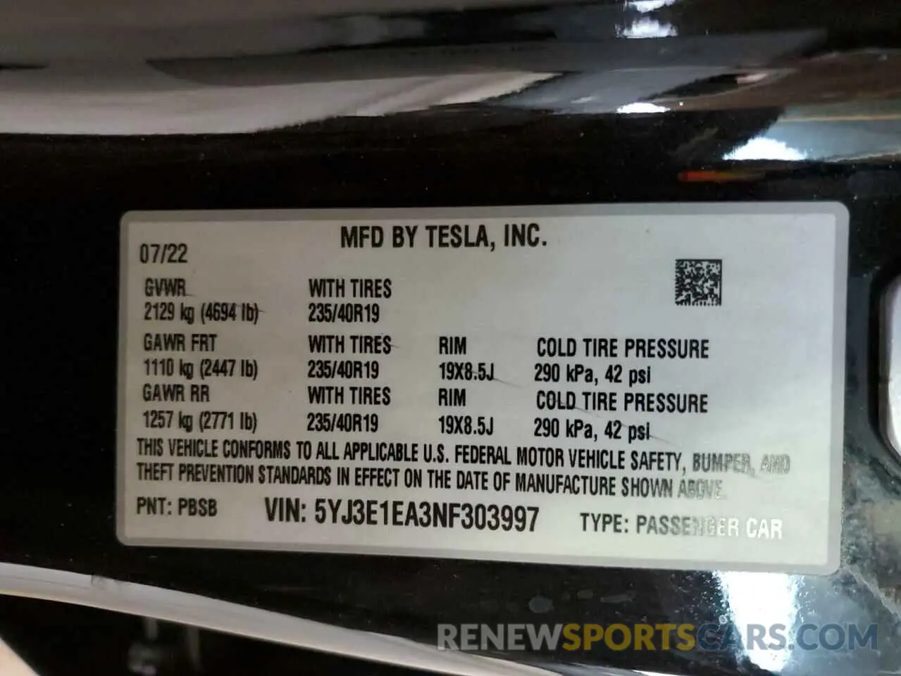 13 Photograph of a damaged car 5YJ3E1EA3NF303997 TESLA MODEL 3 2022