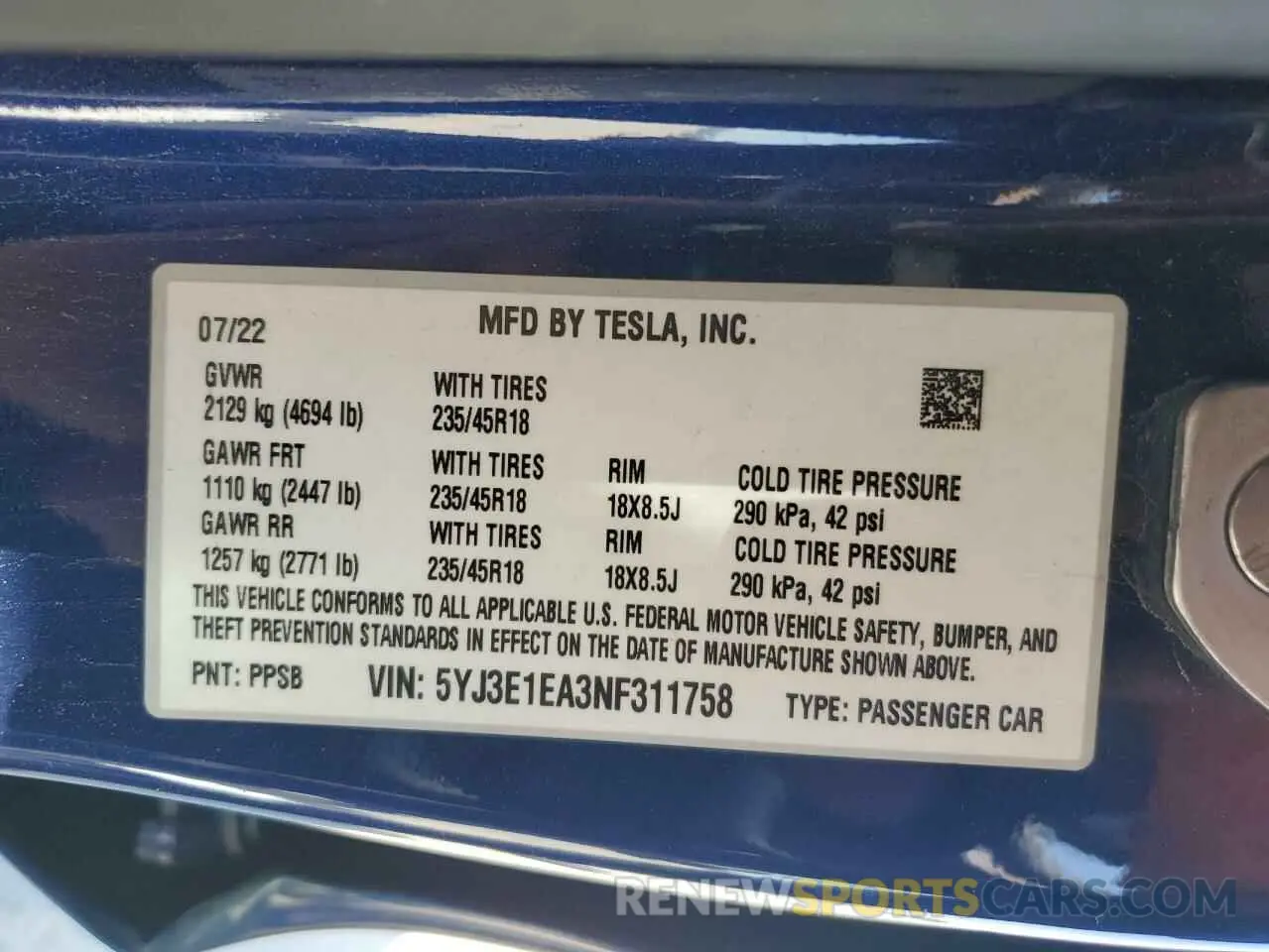 15 Photograph of a damaged car 5YJ3E1EA3NF311758 TESLA MODEL 3 2022