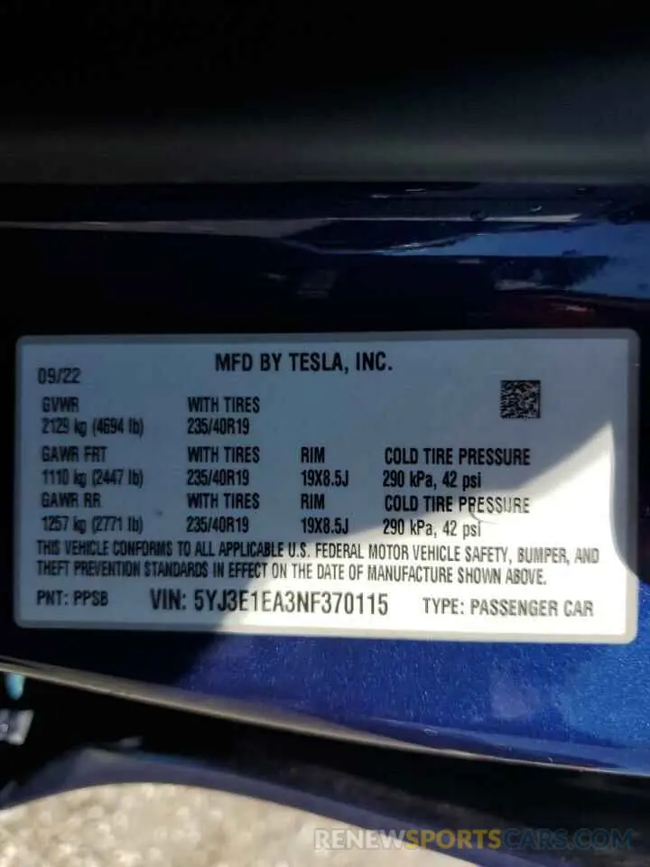 13 Photograph of a damaged car 5YJ3E1EA3NF370115 TESLA MODEL 3 2022