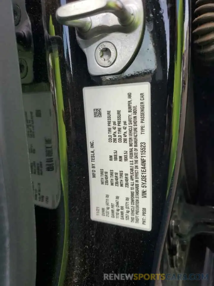 13 Photograph of a damaged car 5YJ3E1EA4NF115523 TESLA MODEL 3 2022