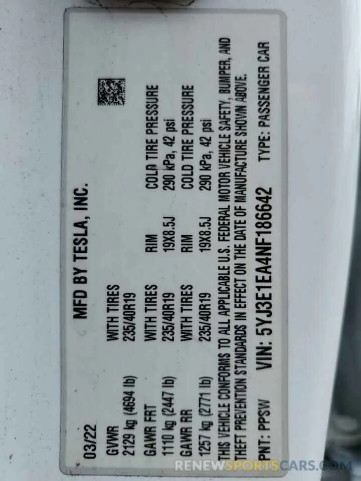 12 Photograph of a damaged car 5YJ3E1EA4NF186642 TESLA MODEL 3 2022