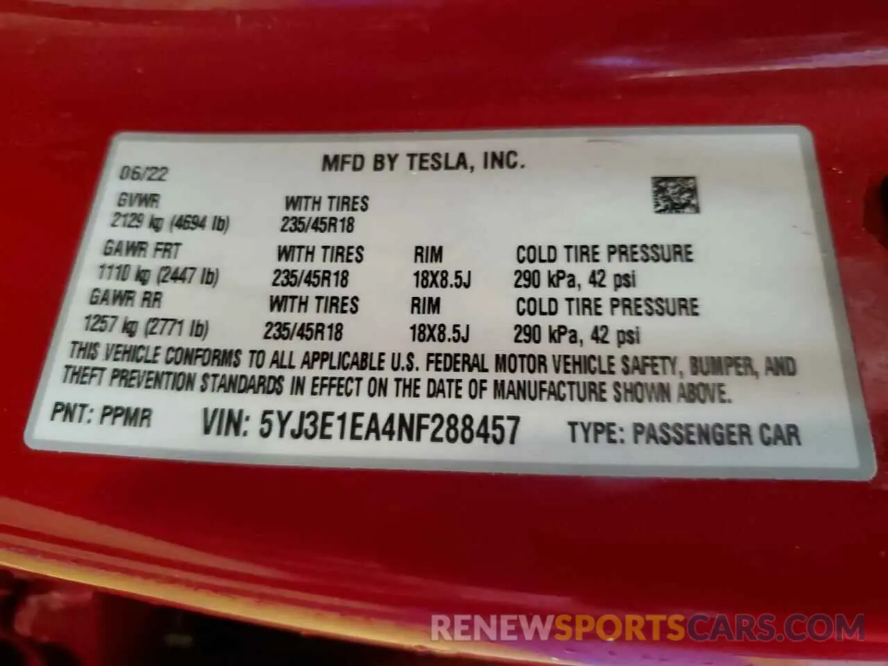 13 Photograph of a damaged car 5YJ3E1EA4NF288457 TESLA MODEL 3 2022