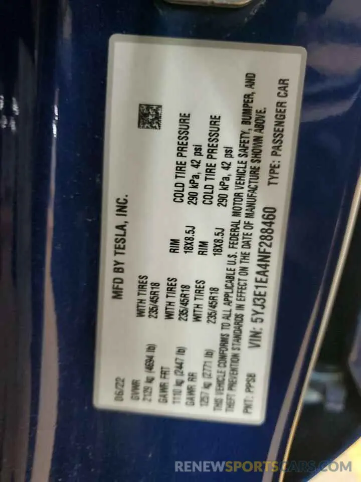12 Photograph of a damaged car 5YJ3E1EA4NF288460 TESLA MODEL 3 2022