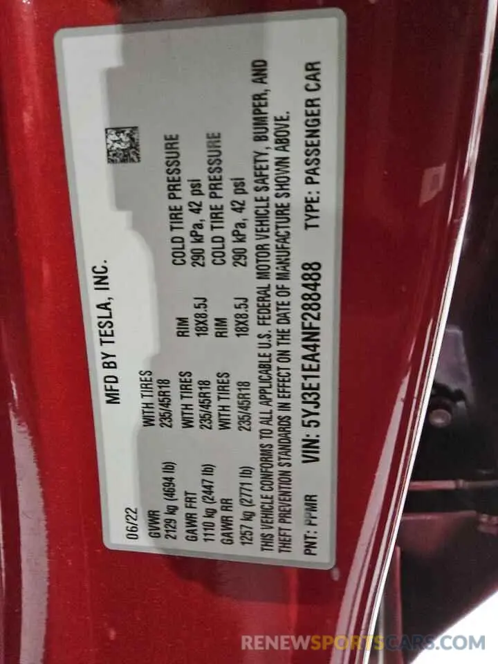 12 Photograph of a damaged car 5YJ3E1EA4NF288488 TESLA MODEL 3 2022