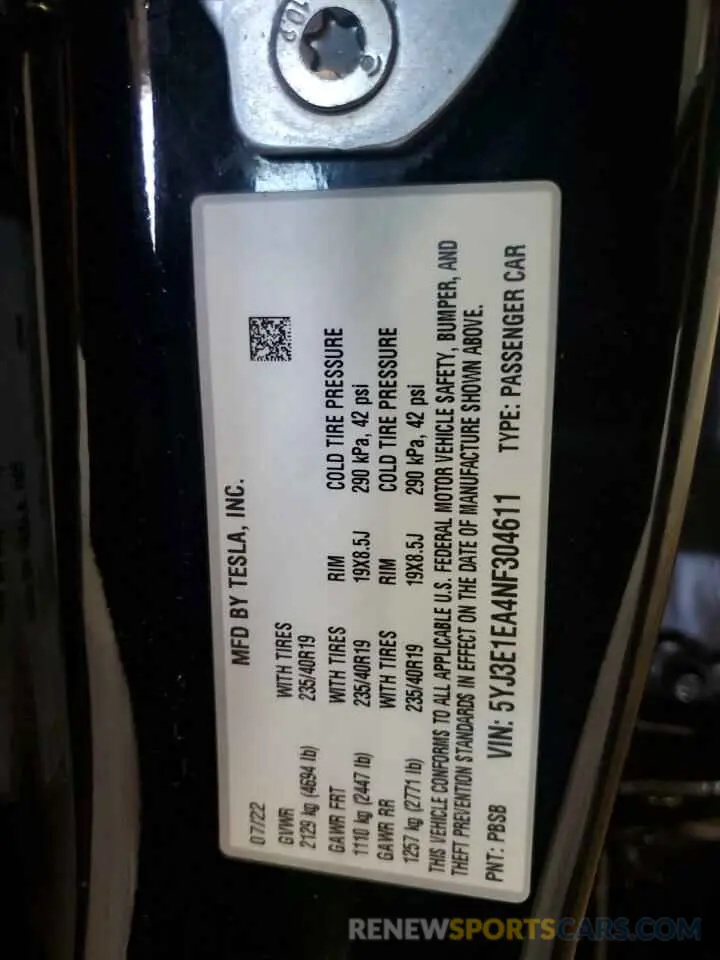12 Photograph of a damaged car 5YJ3E1EA4NF304611 TESLA MODEL 3 2022
