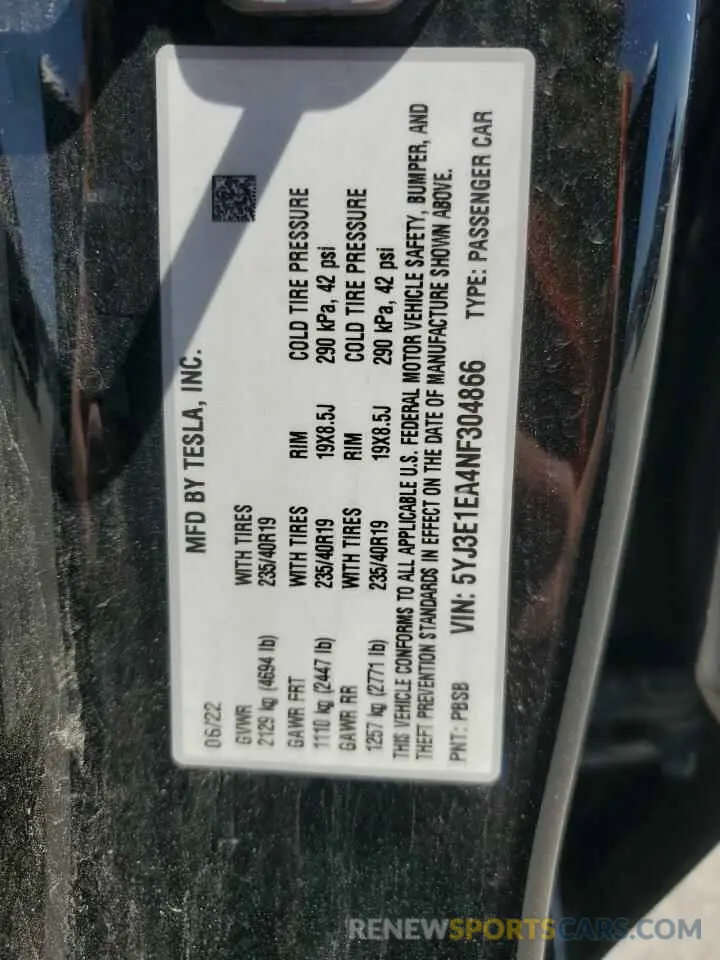 12 Photograph of a damaged car 5YJ3E1EA4NF304866 TESLA MODEL 3 2022