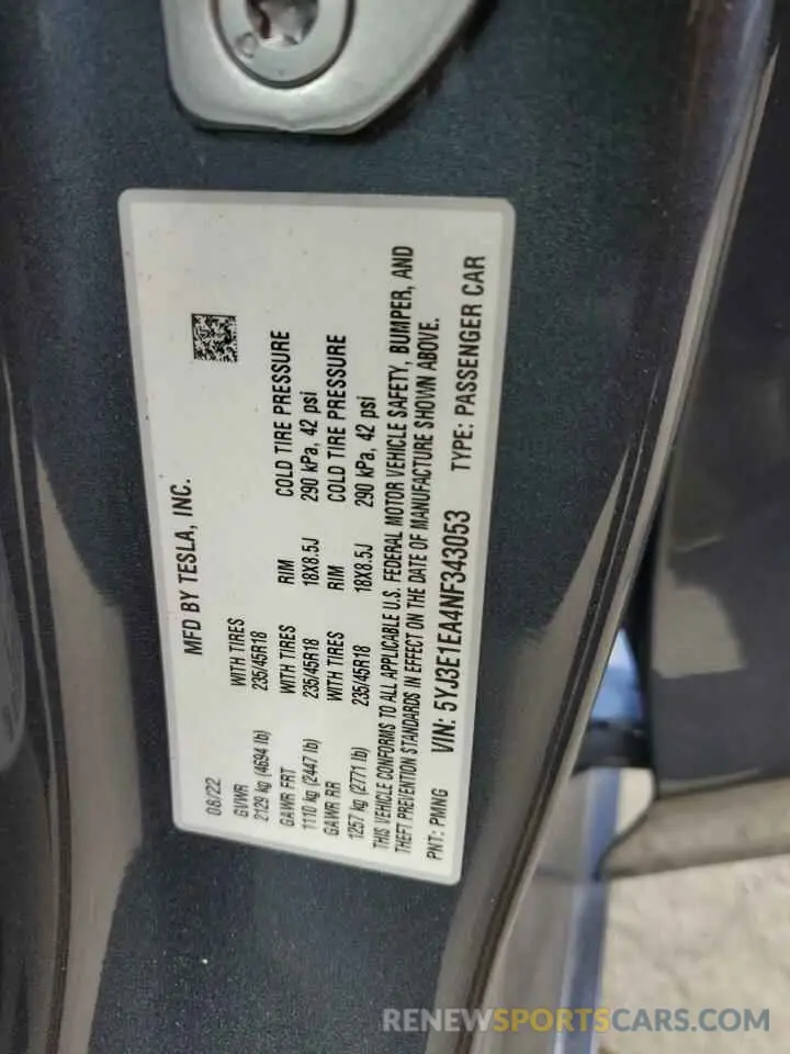 15 Photograph of a damaged car 5YJ3E1EA4NF343053 TESLA MODEL 3 2022