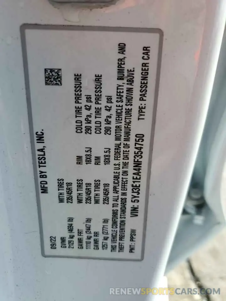 14 Photograph of a damaged car 5YJ3E1EA4NF354750 TESLA MODEL 3 2022