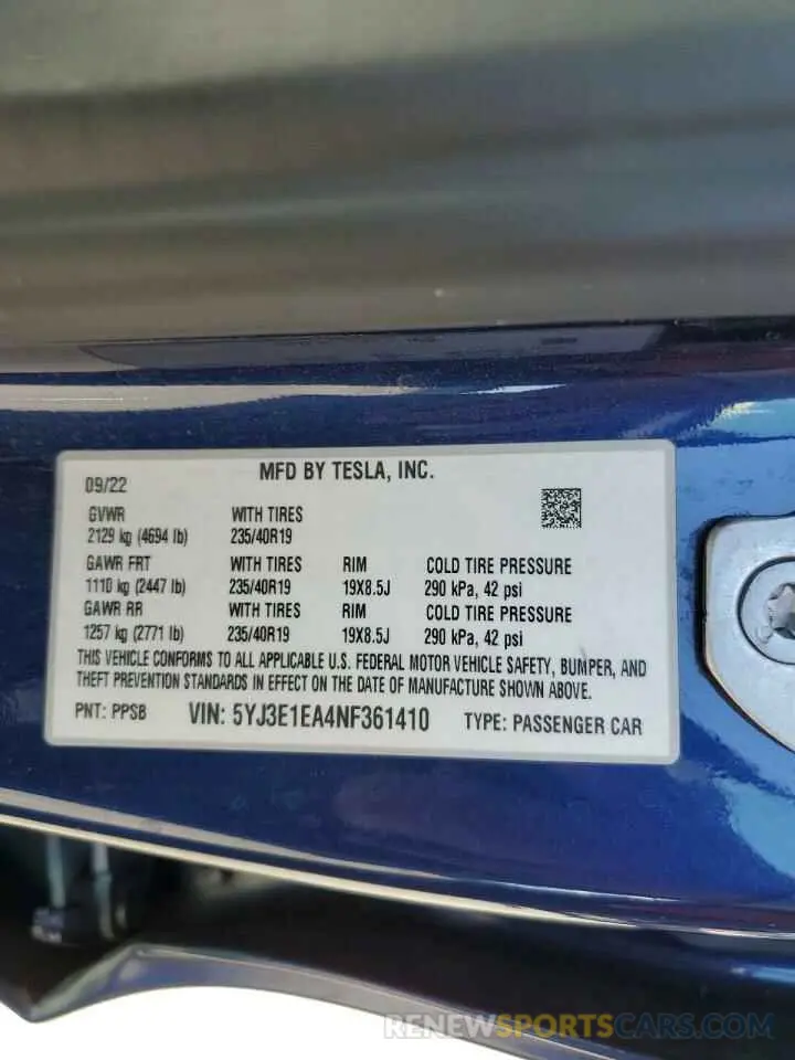 13 Photograph of a damaged car 5YJ3E1EA4NF361410 TESLA MODEL 3 2022