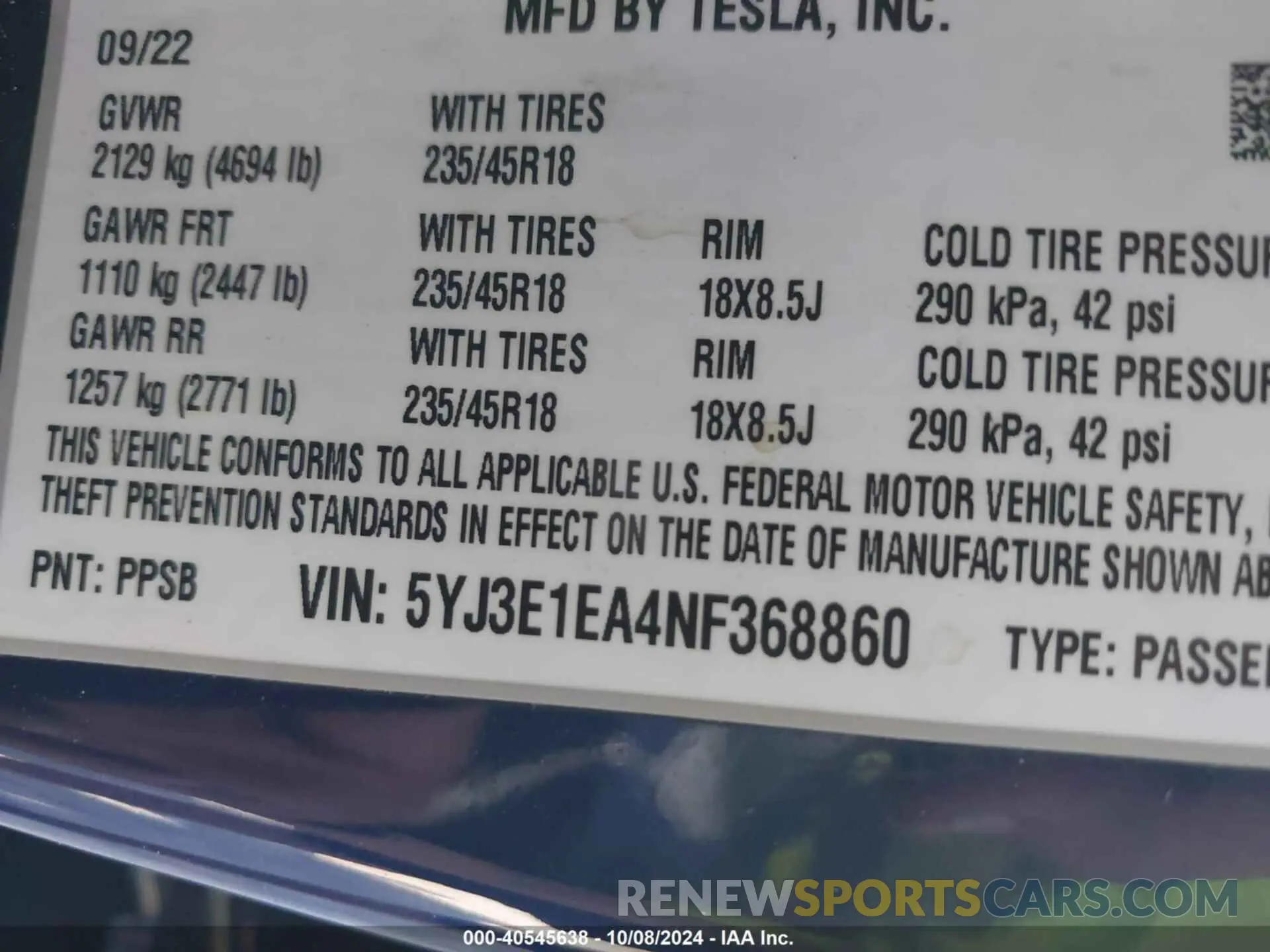 9 Photograph of a damaged car 5YJ3E1EA4NF368860 TESLA MODEL 3 2022