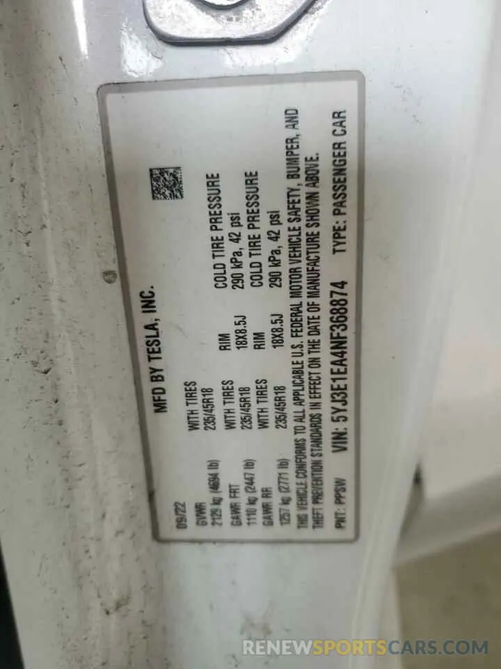 13 Photograph of a damaged car 5YJ3E1EA4NF368874 TESLA MODEL 3 2022