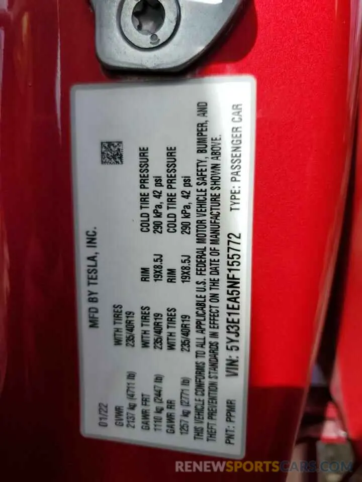 15 Photograph of a damaged car 5YJ3E1EA5NF155772 TESLA MODEL 3 2022