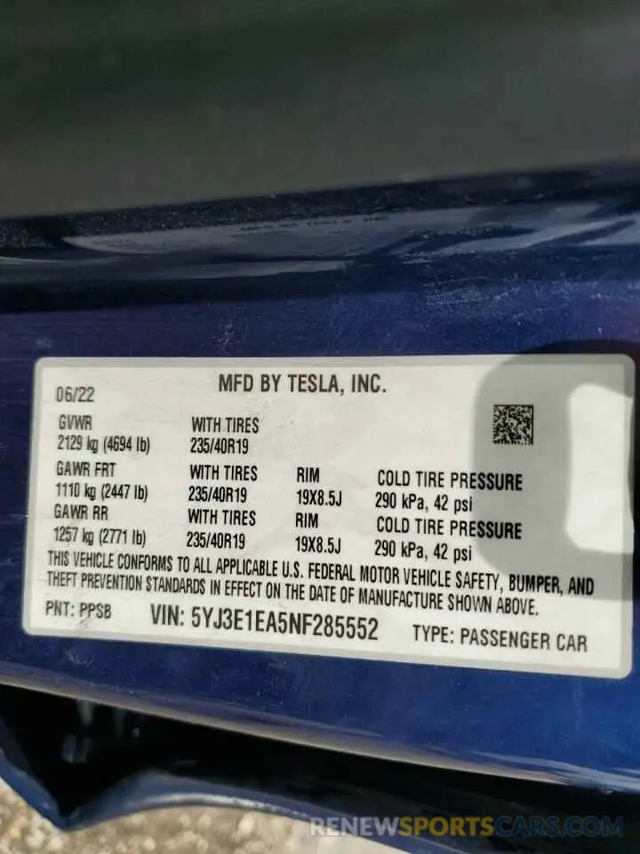 13 Photograph of a damaged car 5YJ3E1EA5NF285552 TESLA MODEL 3 2022