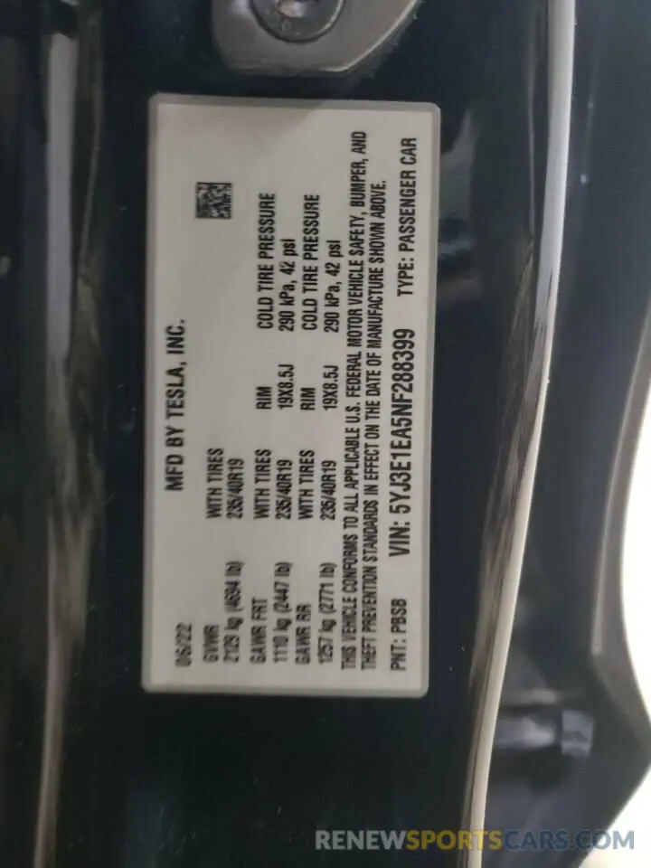 12 Photograph of a damaged car 5YJ3E1EA5NF288399 TESLA MODEL 3 2022