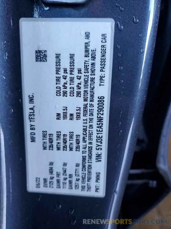 12 Photograph of a damaged car 5YJ3E1EA5NF290086 TESLA MODEL 3 2022
