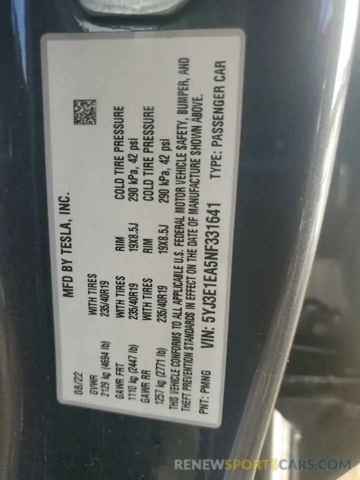12 Photograph of a damaged car 5YJ3E1EA5NF331641 TESLA MODEL 3 2022