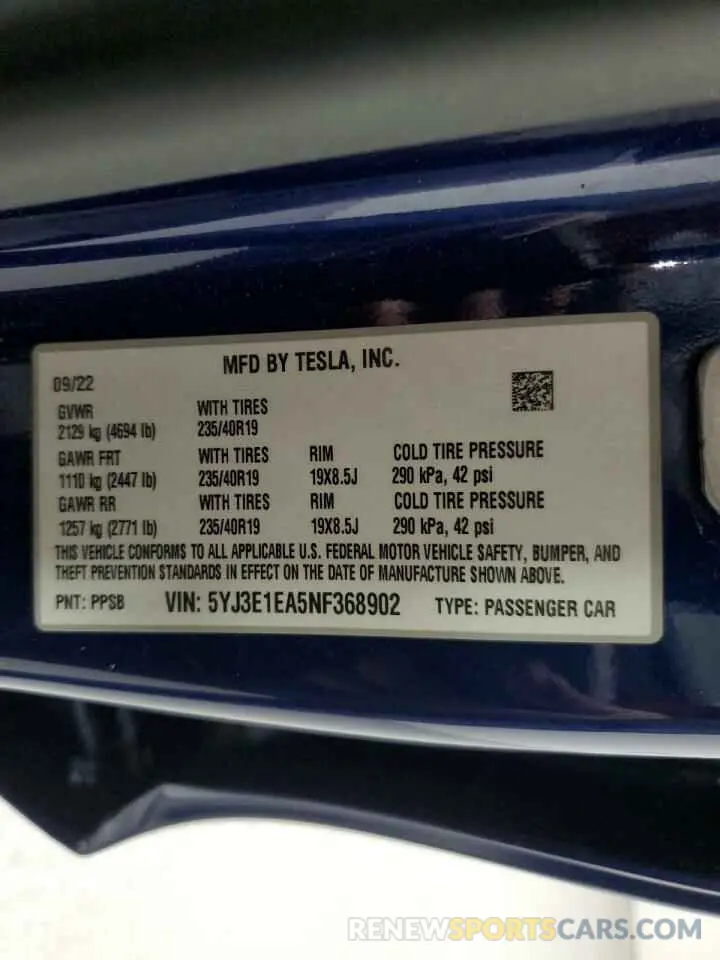 12 Photograph of a damaged car 5YJ3E1EA5NF368902 TESLA MODEL 3 2022