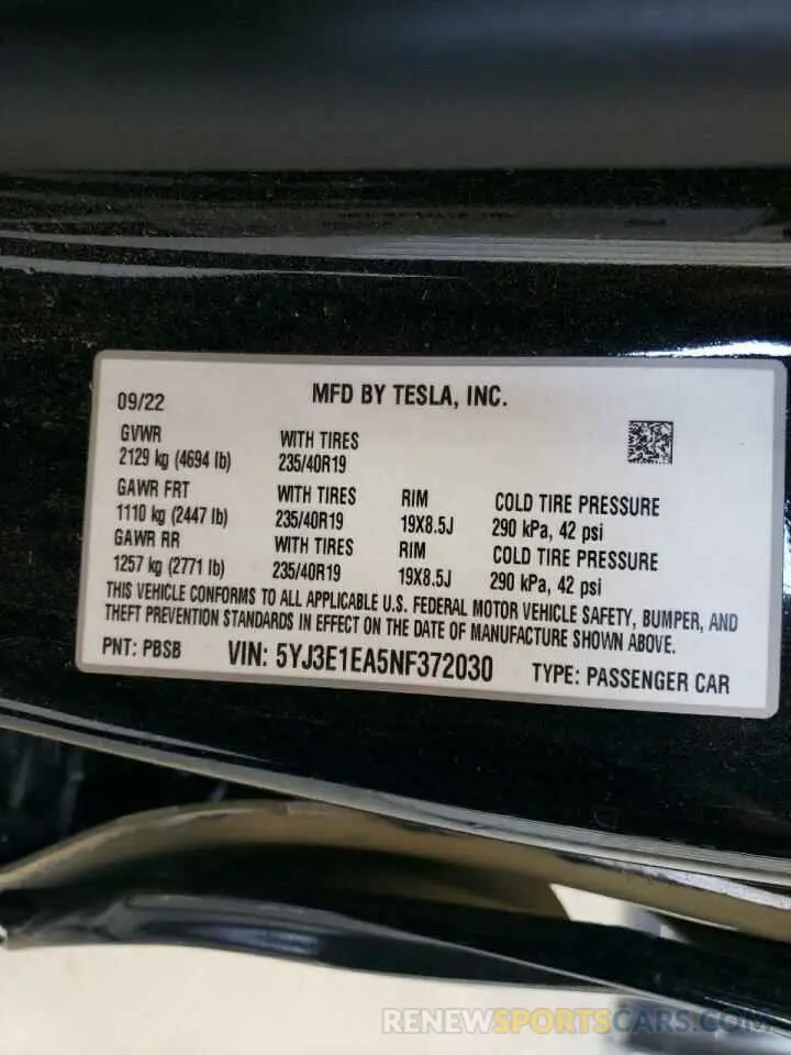 13 Photograph of a damaged car 5YJ3E1EA5NF372030 TESLA MODEL 3 2022