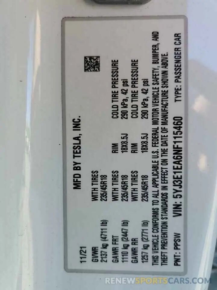 12 Photograph of a damaged car 5YJ3E1EA6NF115460 TESLA MODEL 3 2022