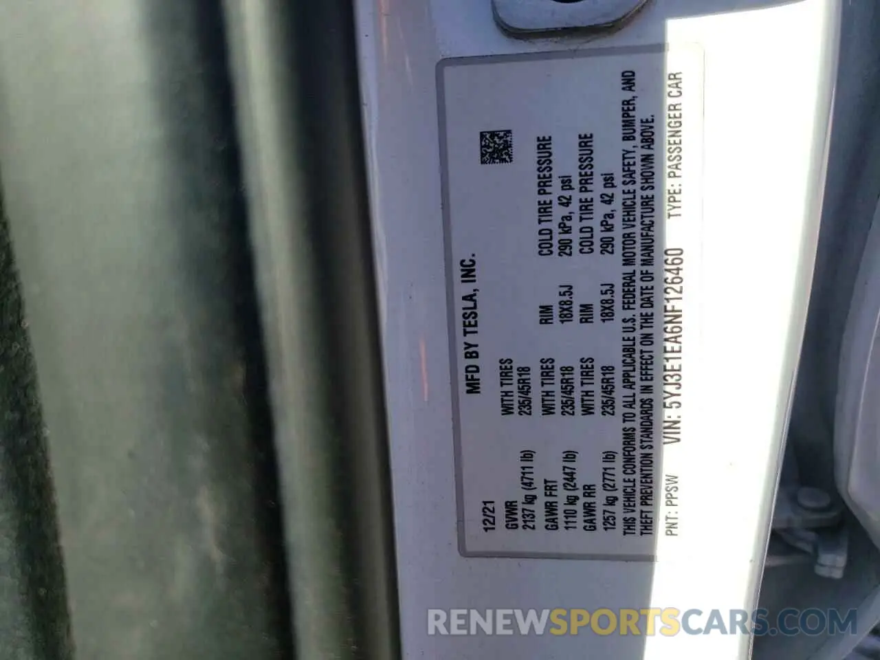 12 Photograph of a damaged car 5YJ3E1EA6NF126460 TESLA MODEL 3 2022
