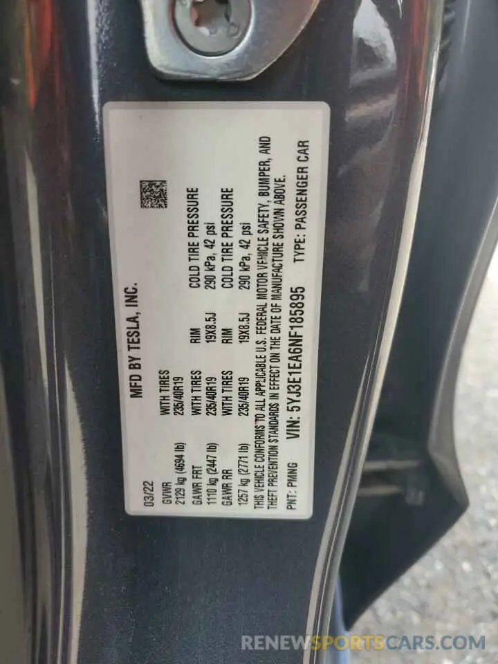 12 Photograph of a damaged car 5YJ3E1EA6NF185895 TESLA MODEL 3 2022