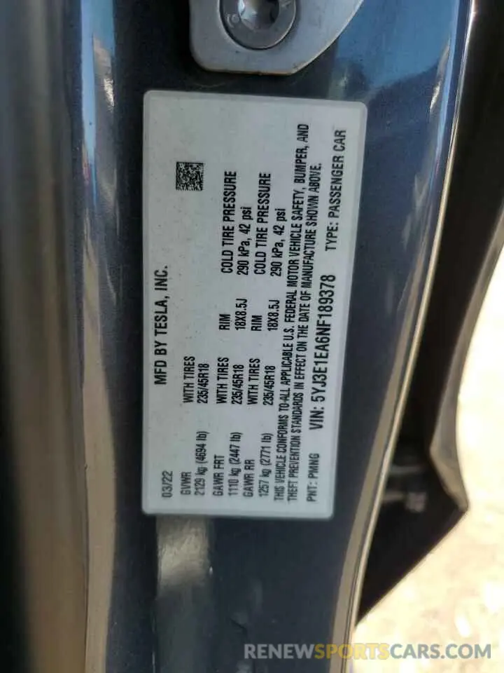 13 Photograph of a damaged car 5YJ3E1EA6NF189378 TESLA MODEL 3 2022