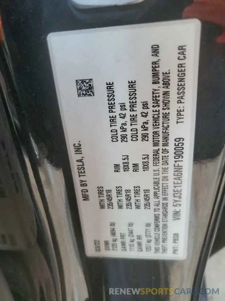 12 Photograph of a damaged car 5YJ3E1EA6NF190059 TESLA MODEL 3 2022