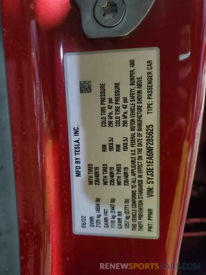 12 Photograph of a damaged car 5YJ3E1EA6NF285625 TESLA MODEL 3 2022