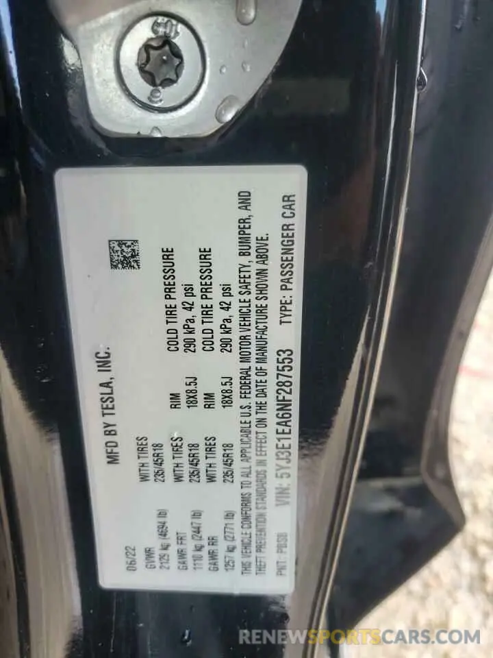 12 Photograph of a damaged car 5YJ3E1EA6NF287553 TESLA MODEL 3 2022