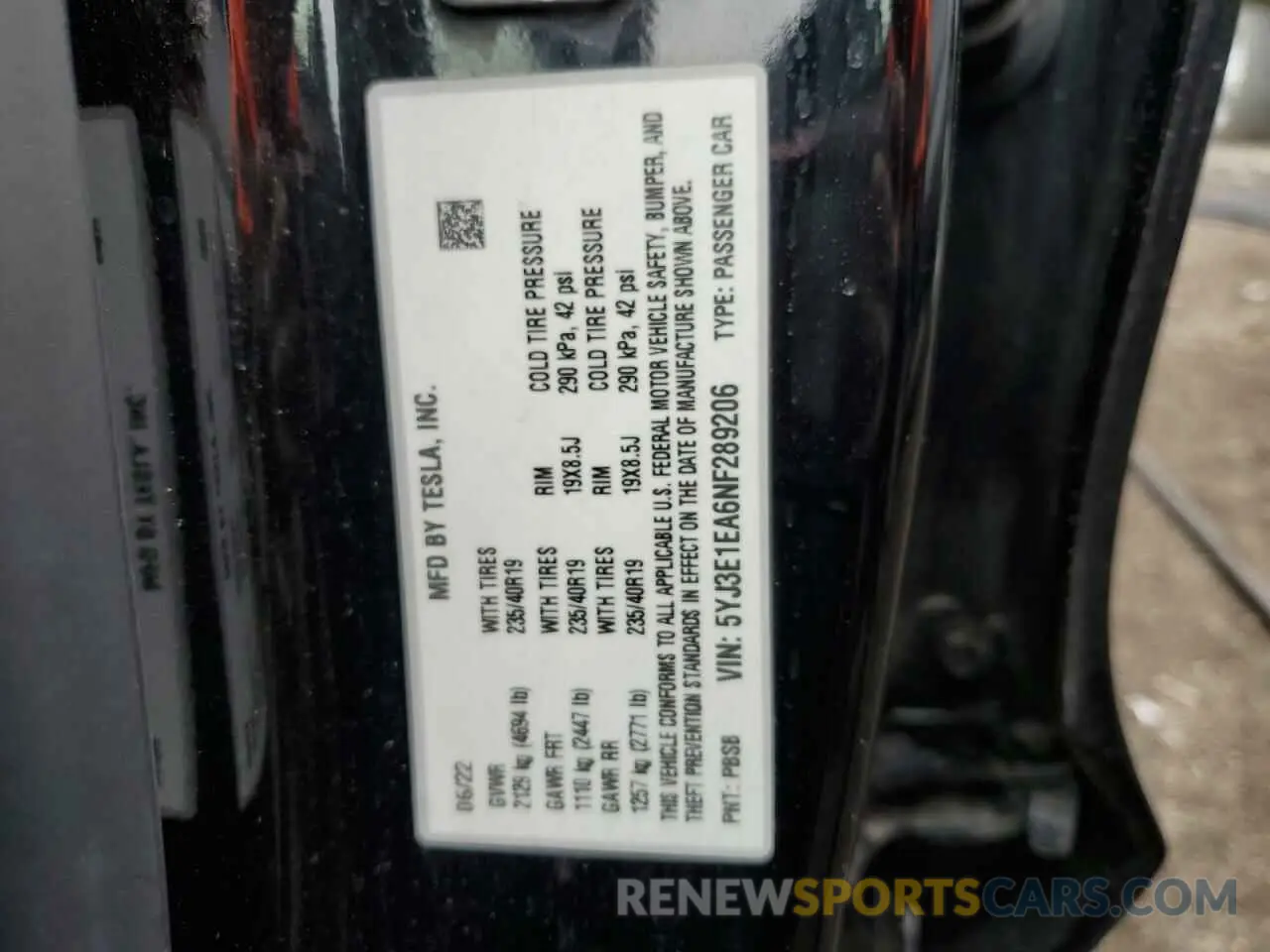 12 Photograph of a damaged car 5YJ3E1EA6NF289206 TESLA MODEL 3 2022