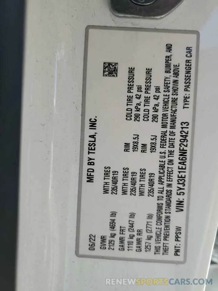 12 Photograph of a damaged car 5YJ3E1EA6NF294213 TESLA MODEL 3 2022