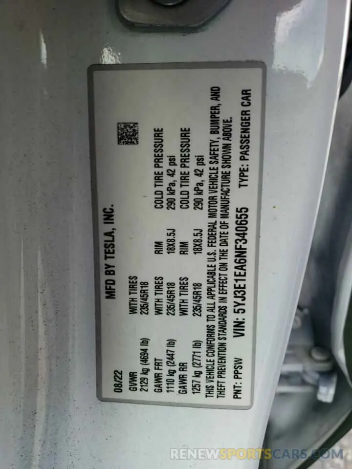 12 Photograph of a damaged car 5YJ3E1EA6NF340655 TESLA MODEL 3 2022