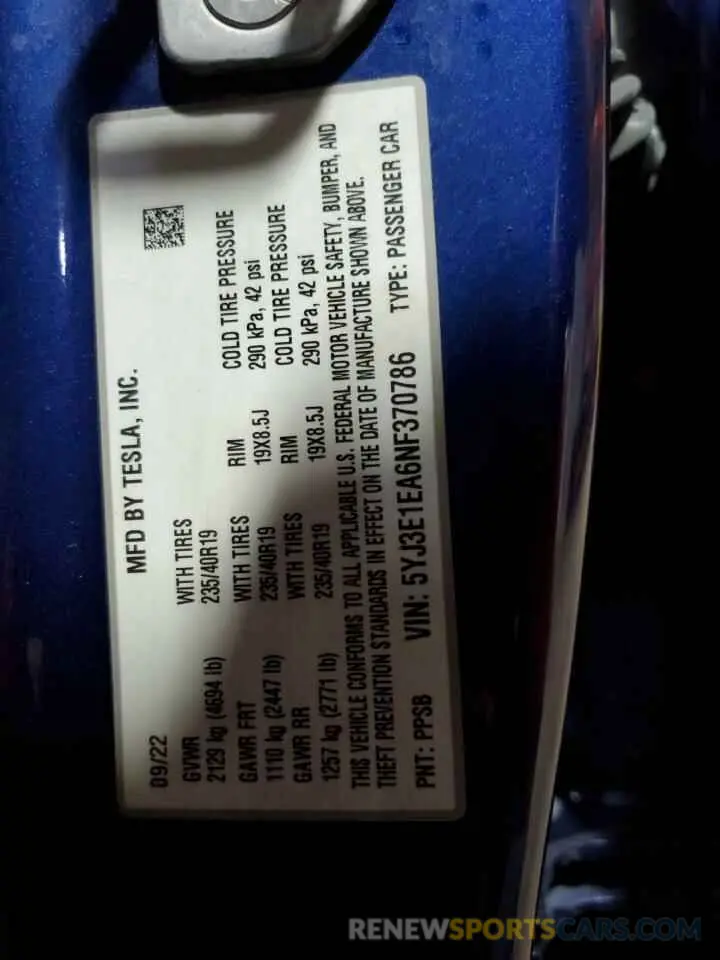 12 Photograph of a damaged car 5YJ3E1EA6NF370786 TESLA MODEL 3 2022