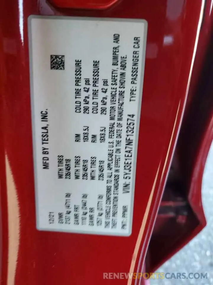 12 Photograph of a damaged car 5YJ3E1EA7NF132574 TESLA MODEL 3 2022