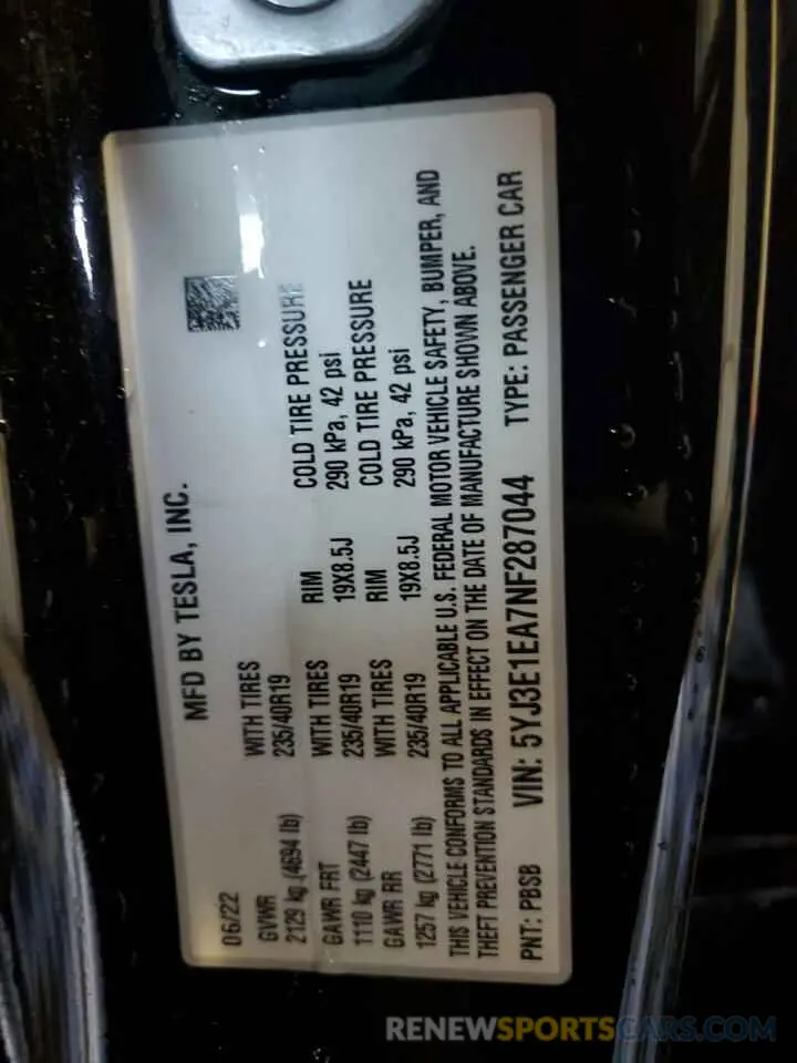 13 Photograph of a damaged car 5YJ3E1EA7NF287044 TESLA MODEL 3 2022